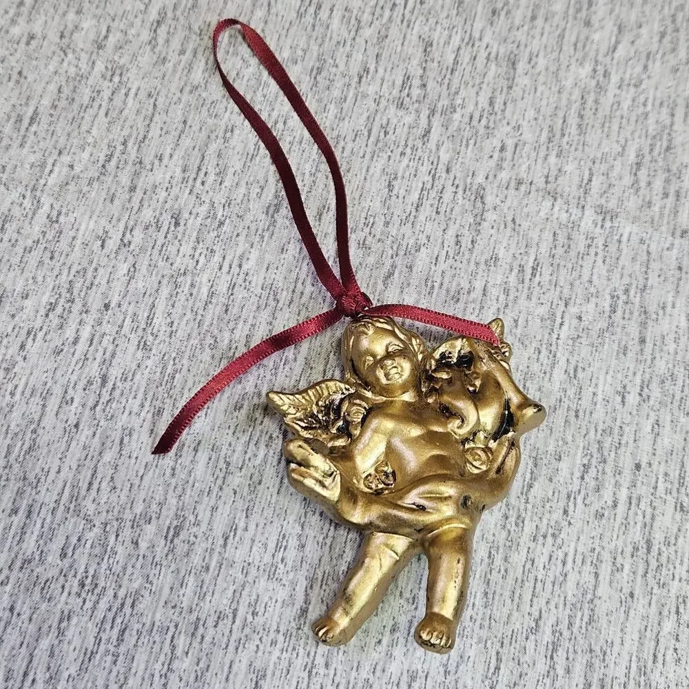 Vintage Christmas Ornament Angel Cherub Gold Finish Victorian Holiday Decoration